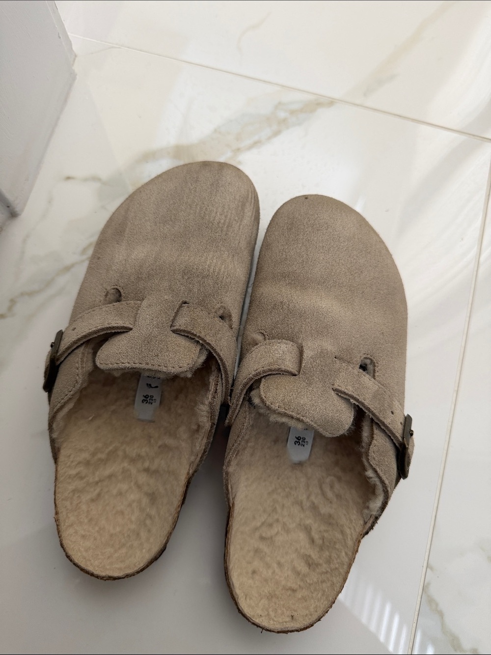 Birkenstock Suede Shearling-Lined Slip-On Clog in Taupe